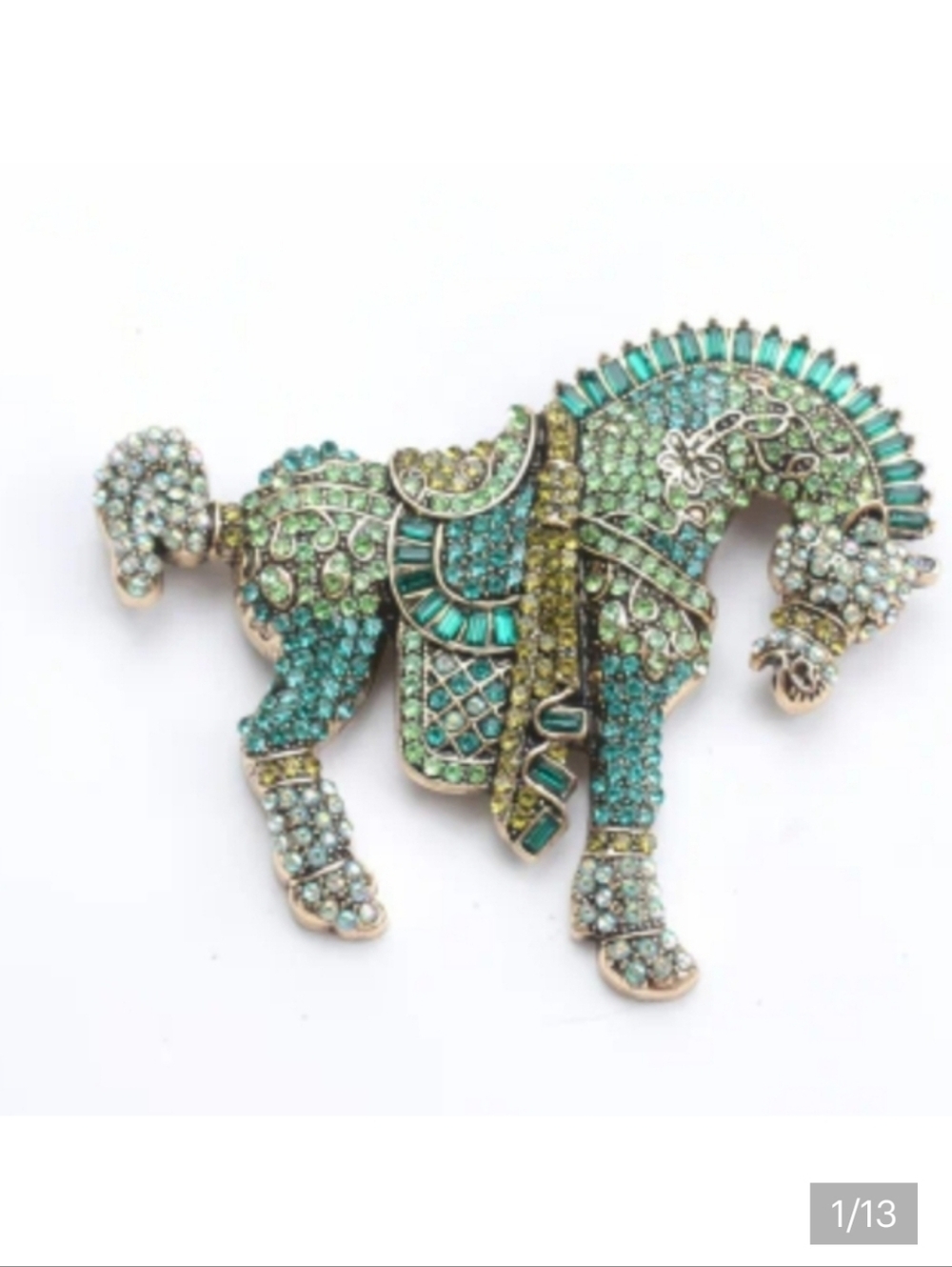 🆕️🐴 GREEN RHINESTONE ENCRUSTED HORSE BROOCH / PIN 🐴
